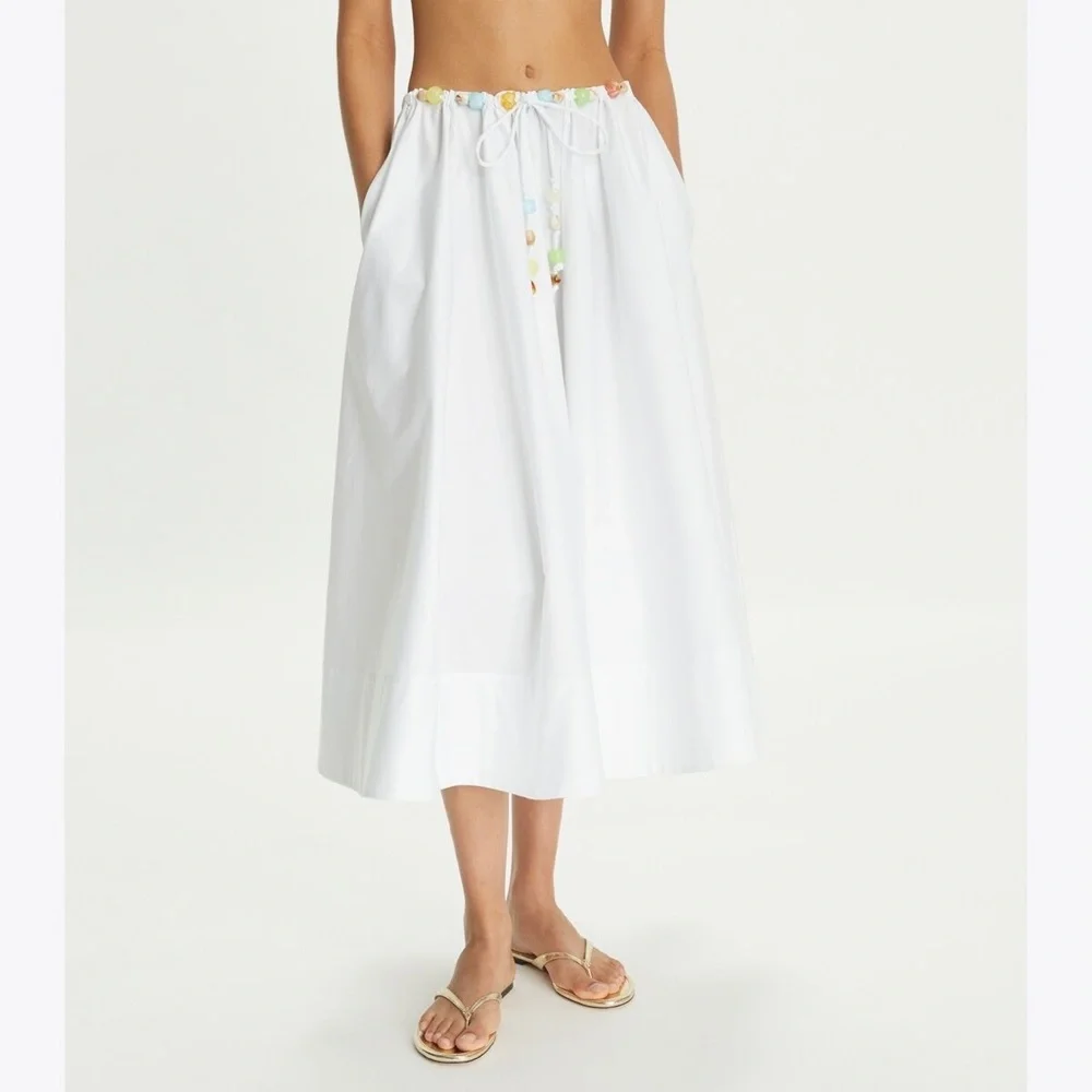 NWT $398 Tory Burch Beaded Cotton Poplin Skirt In White